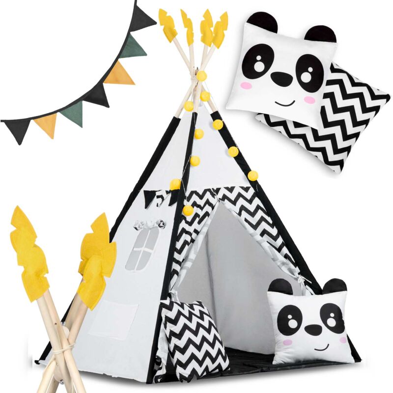 immagine 0 del prodotto tenda teepee per bambini con ghirlanda e luci nukido, bianca e nera con un panda