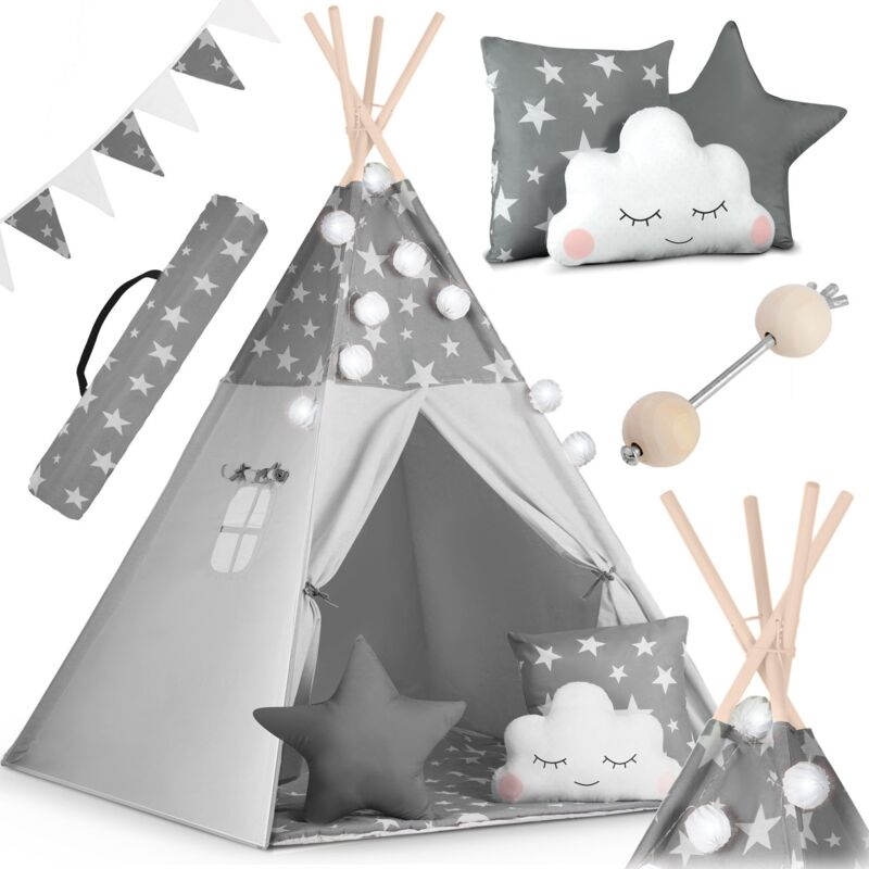 foto del prodotto tenda teepee per bambini con ghirlanda e luci nukido grigia con stelle