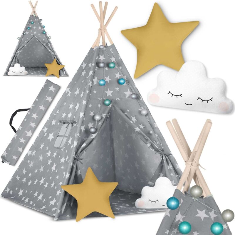 foto del prodotto tenda teepee per bambini con luci nukido grigia con stelle