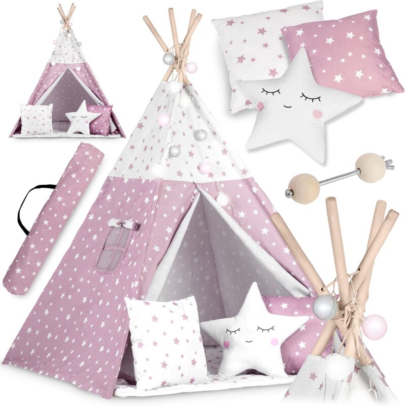foto del prodotto tenda teepee per bambini con luci nukido rosa con stelle