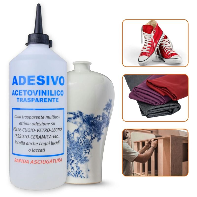 foto del prodotto tendaggimania colla aceto vinilica trasparente bricolage 500ml adesivo rapido colla per tessuti, legno, ceramica, scarpe, tappezzeria
