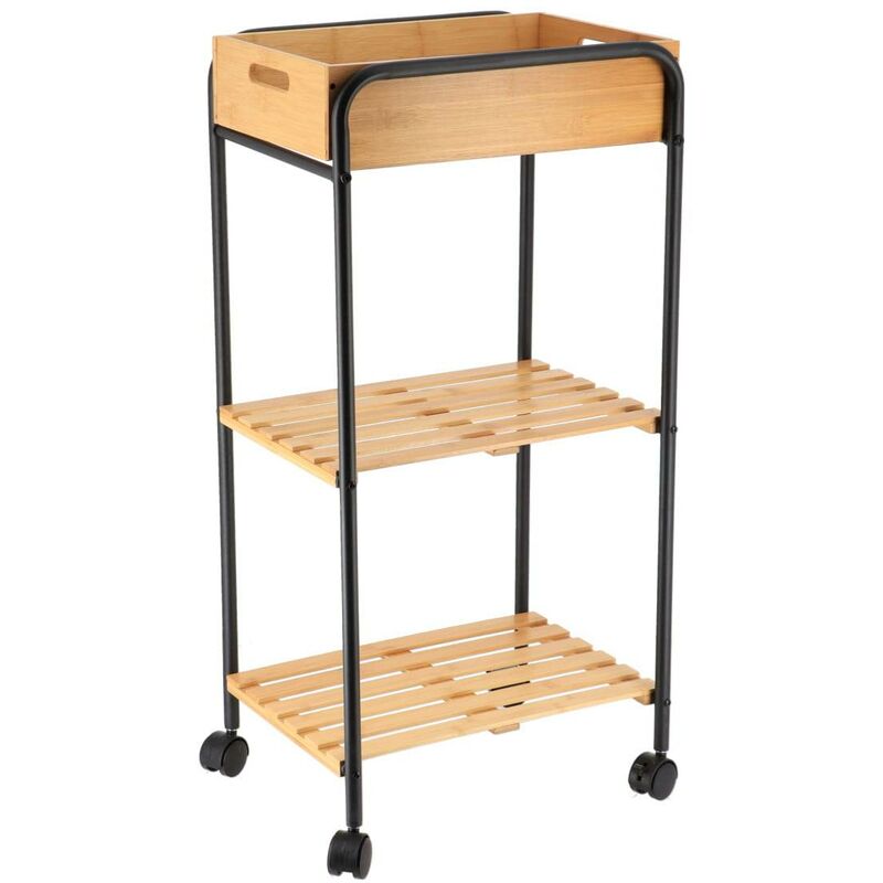 foto del prodotto tendance credenza in metallo su rotelle 1 nicchia 2 ripiani in bamb bamb nero