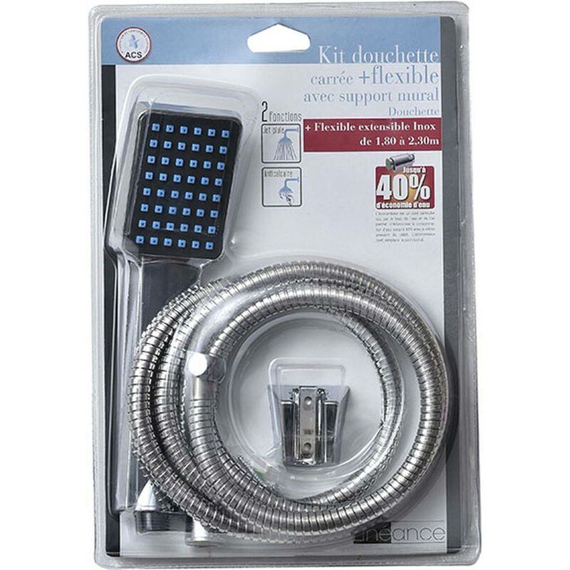 foto del prodotto tendance kit doccia quadrato a 1 funzione tubo flessibile in acciaio inox da 180 a 230 cm cromo