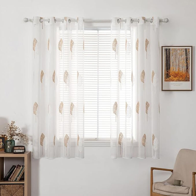 foto del prodotto tende camera da letto moderne, tende per finestre con motivo a foglia ricamata, tenda trasparente interno con occhielli, tende voile per casa