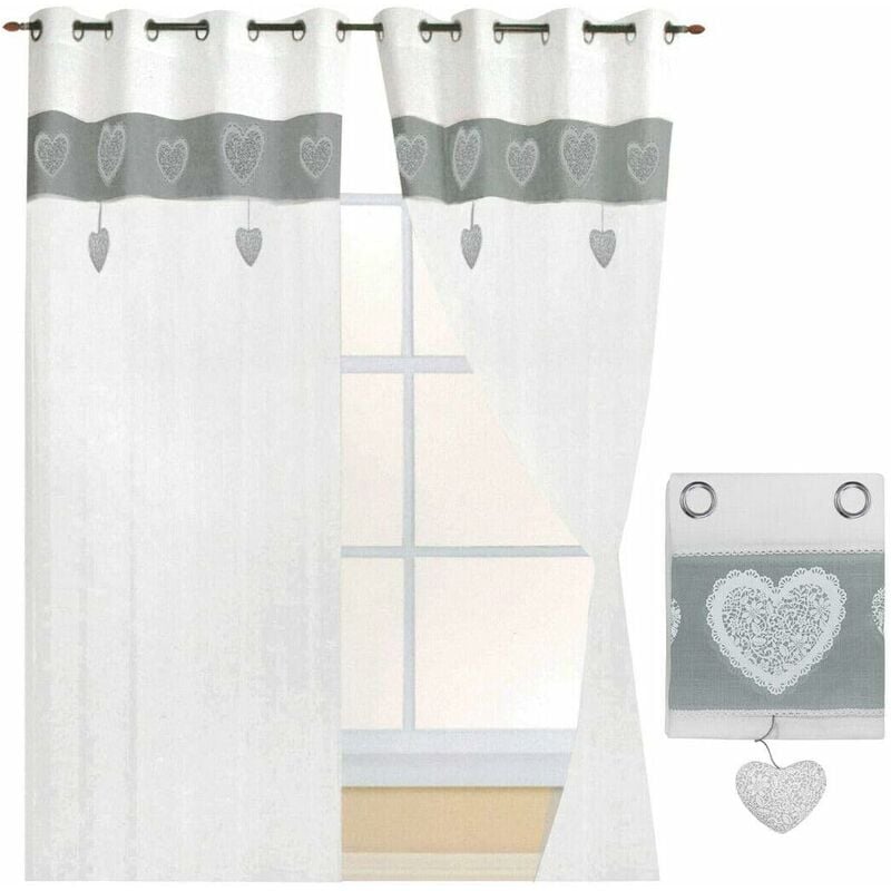 foto del prodotto tende finestre porta interno tessuto lino semitrasparente coppia 2 pz shabby chic cuori grigio 140x290 cm