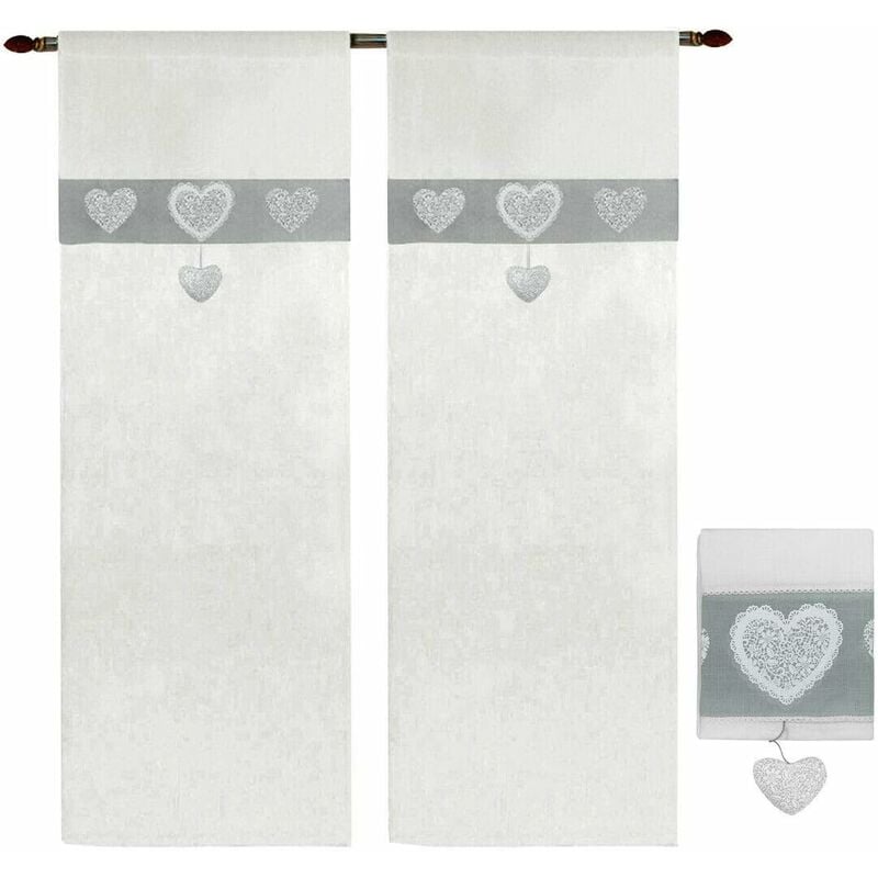 foto del prodotto tende finestre porta interno tessuto lino semitrasparente coppia 2 pz shabby chic cuori grigio 60x150 cm