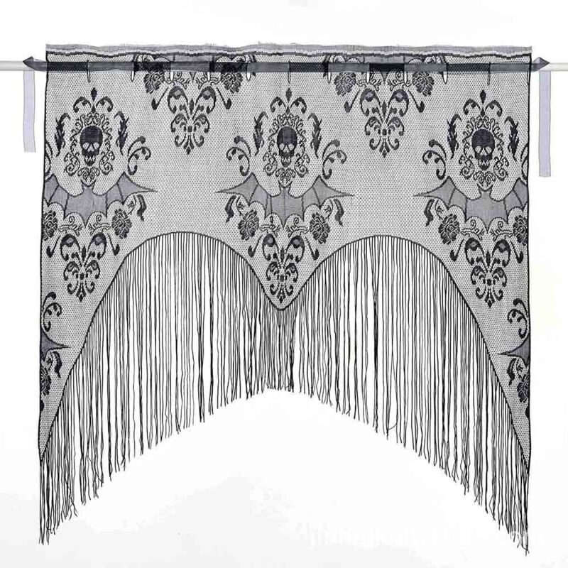 foto del prodotto tende per finestre a forma di teschio in pizzo di halloween tende per porte con nappe nere per decorazioni per feste di halloween in casa, articoli