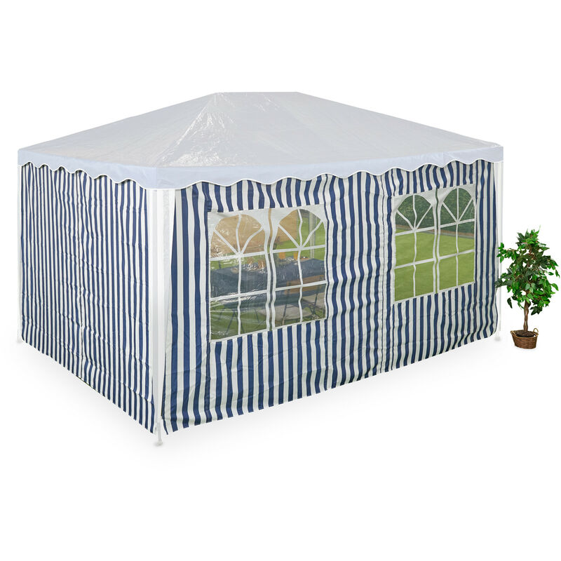 foto del prodotto tende per gazebo laterali 3x4 m, set 2, telo impermeabile, pareti poliestere, a strappo, finestre, blu bianco relaxdays