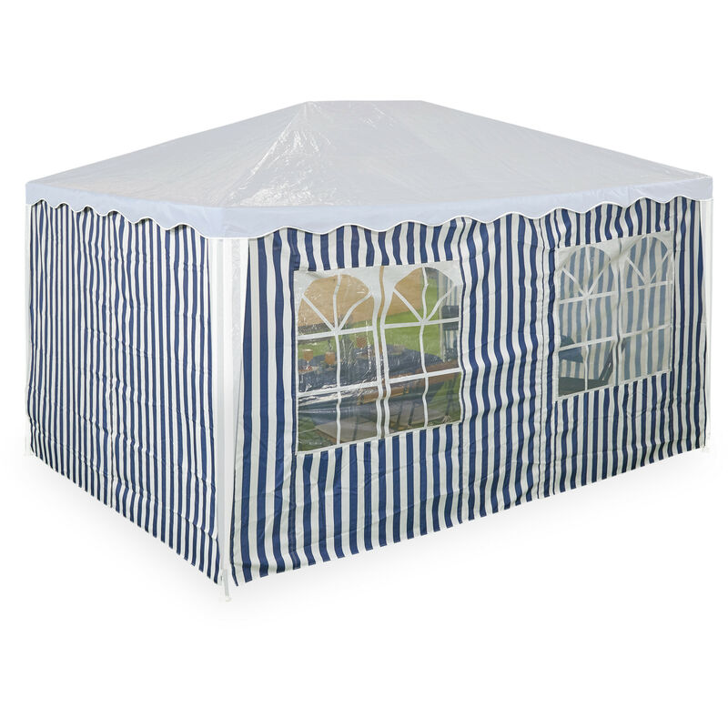 foto del prodotto tende per gazebo laterali 3x4 m, set 3, telo impermeabile, pareti poliestere, a strappo, finestre, blu bianco relaxdays
