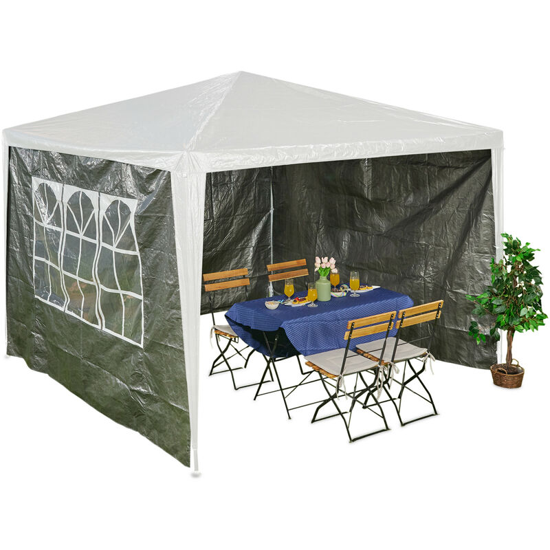 foto del prodotto tende per gazebo laterali, set 3, telo impermeabile, pareti, chiusura a strappo, 3x3 m, finestra, grigio scuro relaxdays