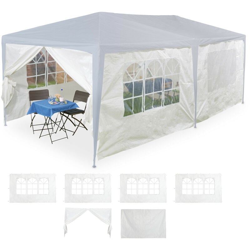 foto del prodotto tende per gazebo laterali, set da 6, telo impermeabile in pe, pareti impermeabili, 2x3 m, con finestra, bianco relaxdays