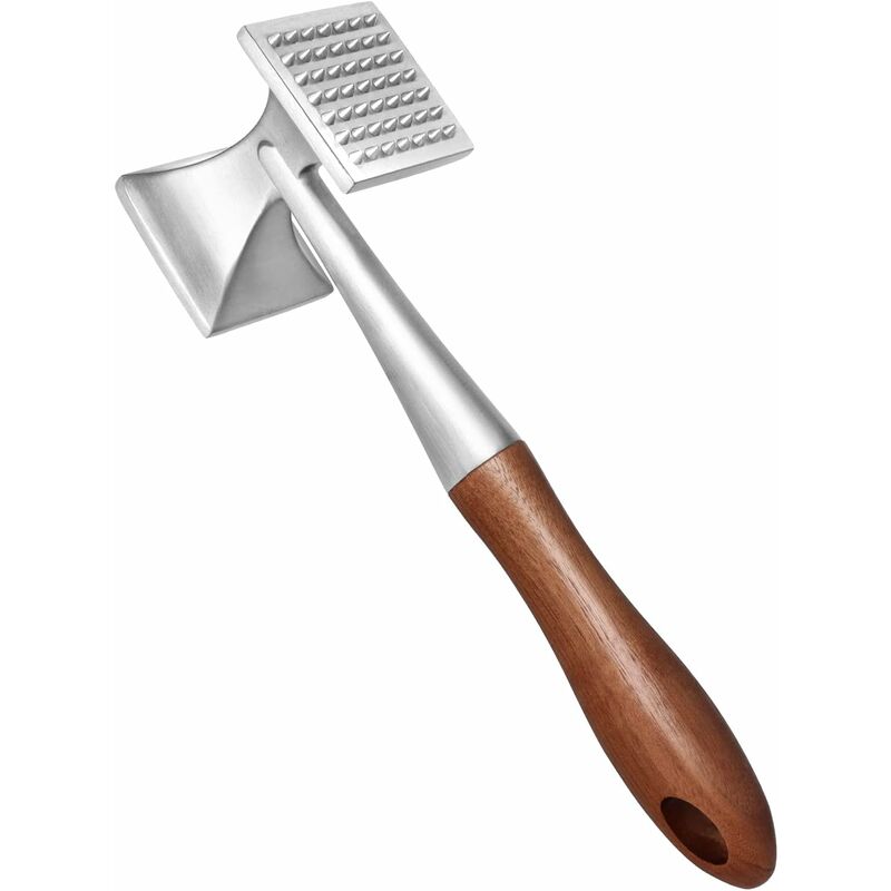 foto del prodotto tenderizer, martello per impieghi gravosi, martello da bistecca con manico in legno e lega di zinco per uso alimentare, inteneritore 2 in 1, 26 cm