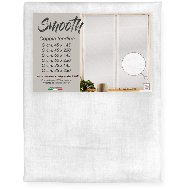 foto del prodotto tendina smooth bianco in poliestere liscia tinta unita, confezione da 2 teli, semitrasparente, made in italy coppia 2 teli cm. 45x145
