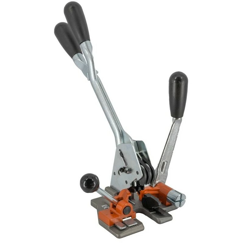 foto del prodotto tendireggia manuale in acciaio 17x15x40h, reggiatrice compatibile con reggia in polipropilene da 12 a 15 mm, attrezzi da lavoro per reggiatura,
