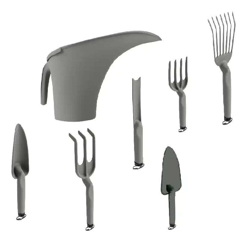 foto del prodotto teraplast set giardinaggio grigio con annaffiatoio rastrello estirpatore e trapiantatore