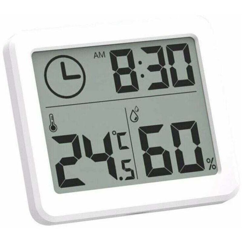 foto del prodotto term metro higr metro digital lcd para interiores. muestra temperatura y humedad. funci n de despertador. rango de temperatura 10 c a 70 c.