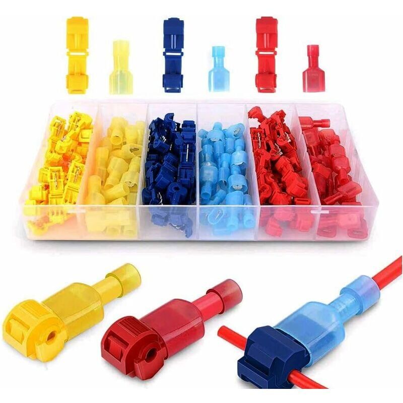 foto del prodotto terminali elettrici con connettore a t da 120 pezzi, connettore rapido per set di collegamento cavi per auto e moto rosso blu giallo 