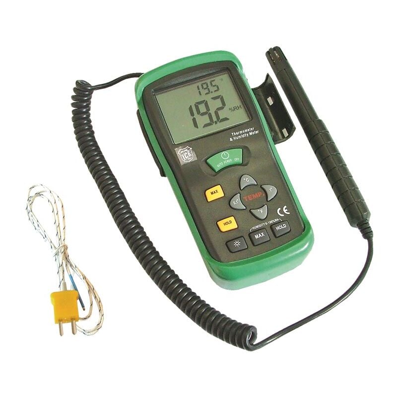 foto del prodotto termo igrometro digitale con sonda esterna microfono da 2m e sonda tipo k da 90cm, tasto illuminazione display idrhaus