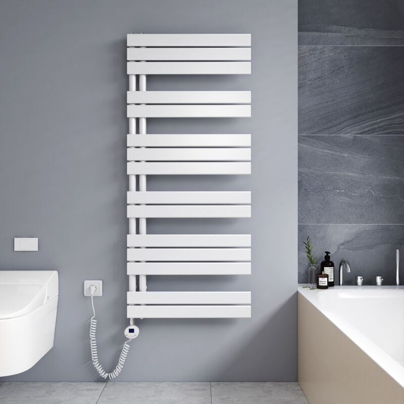 foto del prodotto termoarredo elettrico 1385 x 600 mm asimmetrica bianco scaldasalviette elettrico installazione laterale sinistro con termostato digitale