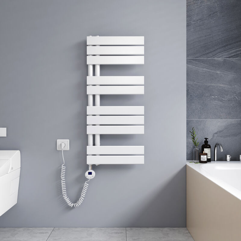 foto del prodotto termoarredo elettrico 899 x 400 mm asimmetrica bianco scaldasalviette elettrico installazione laterale sinistro con termostato digitale meykoers