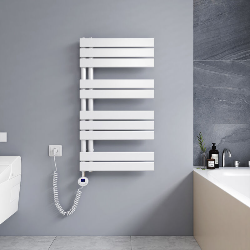 foto del prodotto termoarredo elettrico 899 x 500 mm asimmetrica bianco scaldasalviette elettrico installazione laterale sinistro con termostato digitale meykoers