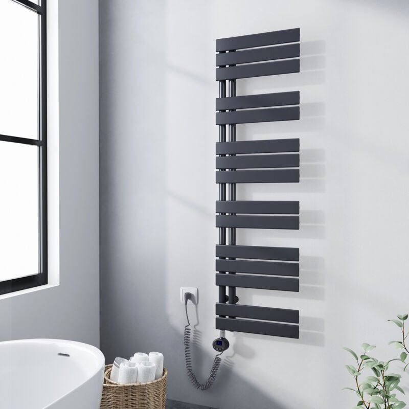foto del prodotto termoarredo elettrico antracite 1385 x 400 mm asimmetrica scaldasalviette con termostato digitale collega laterale sinistro meykoers