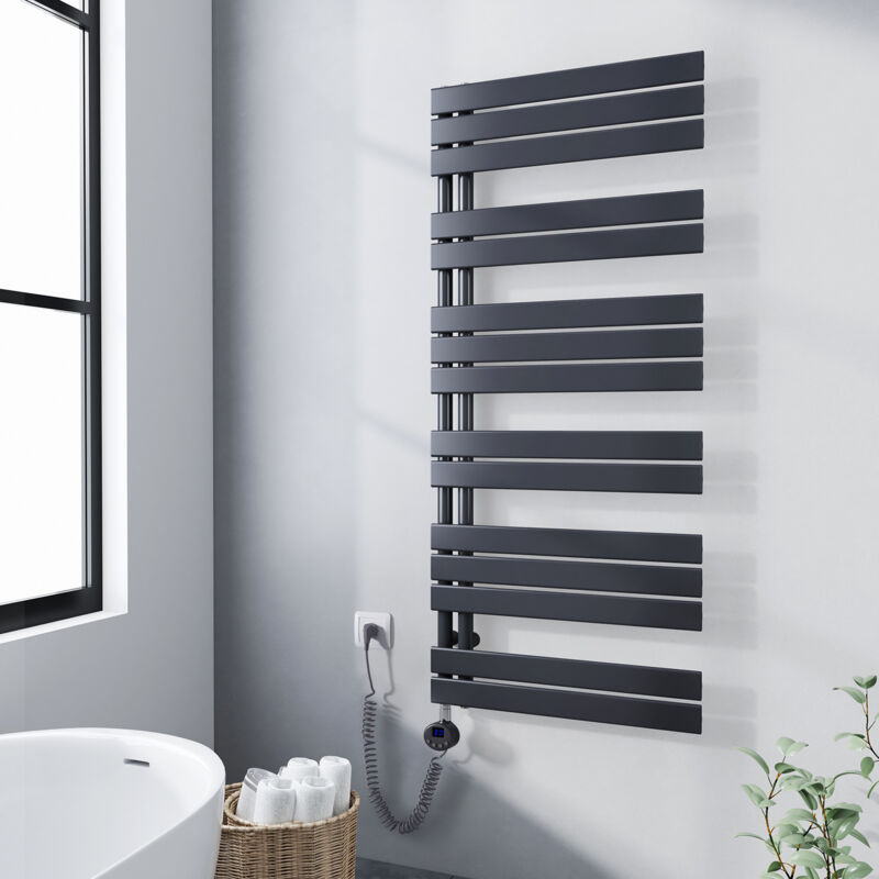 foto del prodotto termoarredo elettrico antracite 1385 x 600 mm asimmetrica scaldasalviette con termostato digitale collega laterale sinistro meykoers