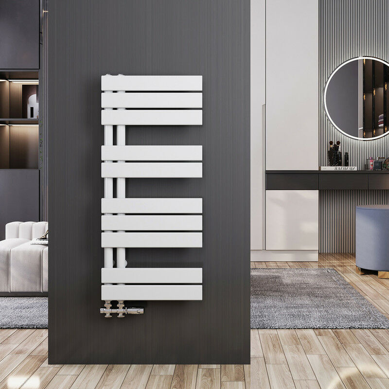 foto del prodotto termoarredo scaldasalviette 899x400mm bianca asimmetrica scaldasalviette radiatore acqua calda, connessione laterale meykoers
