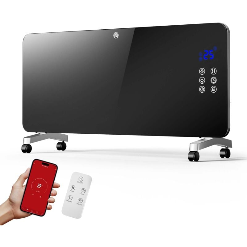 foto del prodotto termoconvettore elettrico in vetro temperato 2000w, controllo wi-fi e telecomando, display led, ip24 - wiltec