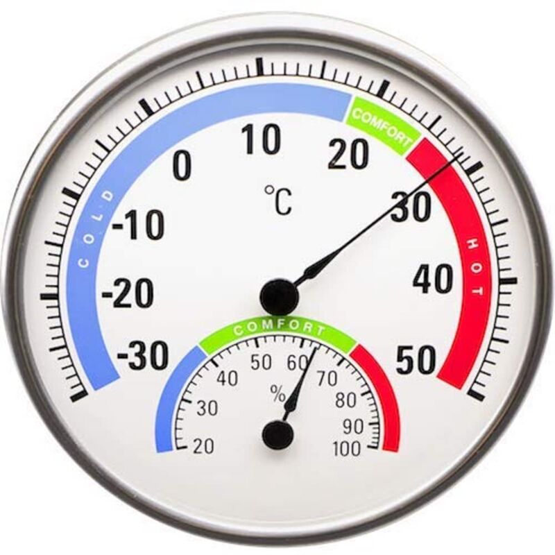 foto del prodotto termometro analogico wa3050, termoigrometro rotondo con indicatore di comfort, display analogico di umidit technoline