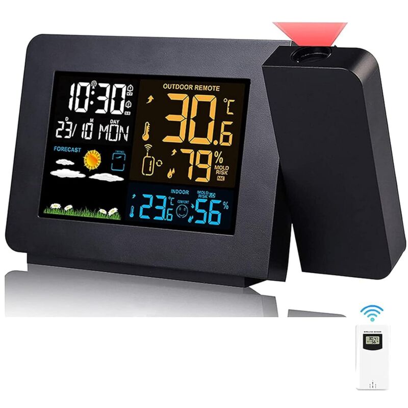 foto del prodotto termometro igrometro wireless con sensore, orologio meteorologico con proiezione, termometro interno esterno con radiocomando rcc, doppie sveglie