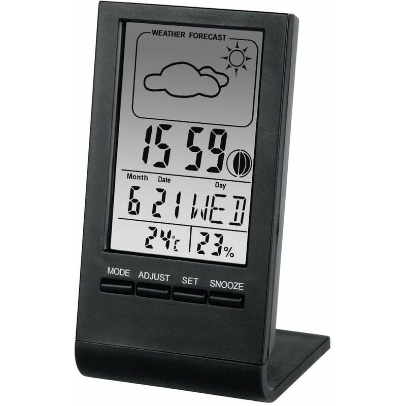 foto del prodotto termometro lcd con igrometro th 100 , orologio, calendario, fasi lunari, previsioni del tempo hama