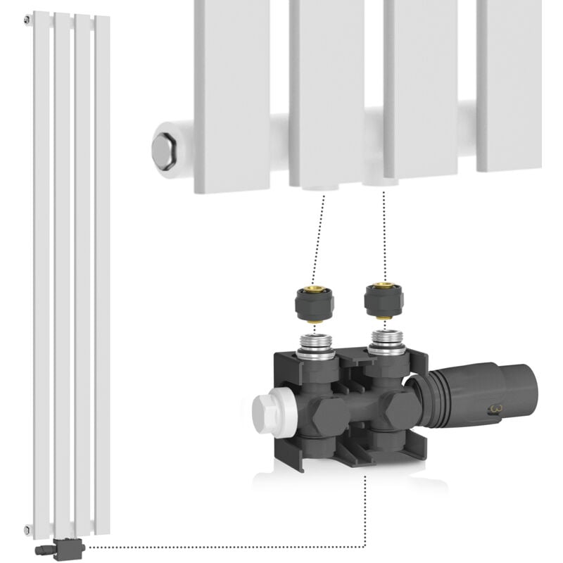 foto del prodotto termosifone verticale, valvola termostatica, 1600x300x52mm, acciaio, pannello monostrato, 4 colonne, bianco termosifoni moderni, termoarredo