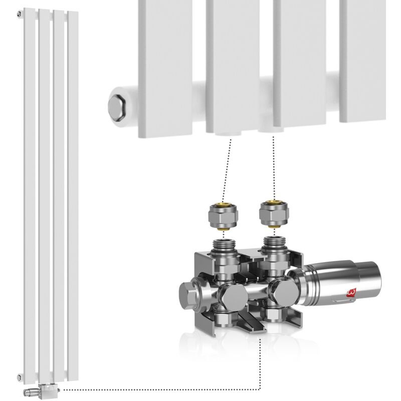 foto del prodotto termosifone verticale, valvola termostatica, 1600x300x52mm, acciaio, pannello monostrato, 4 colonne, bianco termosifoni moderni, termoarredo