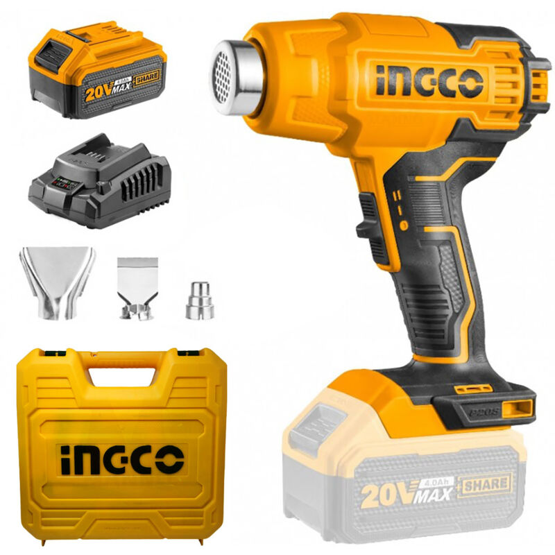 foto del prodotto termosoffiatore a batteria 20 v 4 ah pistola termica ad aria calda in valigetta ingco hgli20025