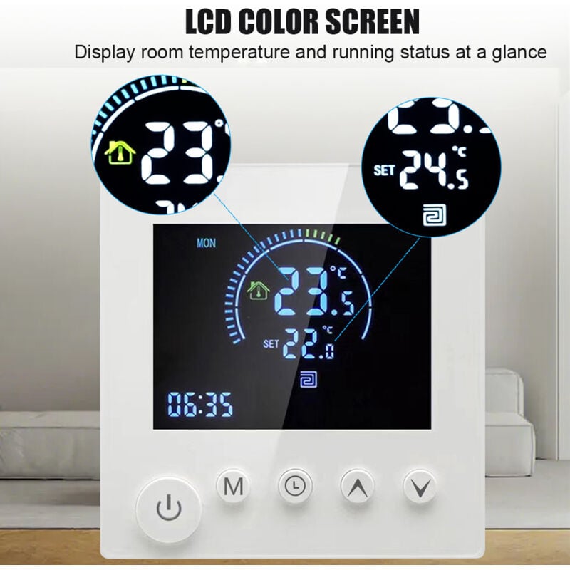 foto del prodotto termostato a parete intelligente programmabile sensore ntc lcd display touch pulsante elettrico electric pavimento calda underful termoregolatore