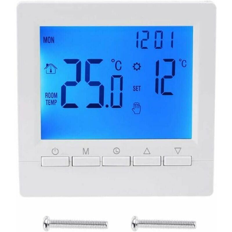 foto del prodotto termostato intelligente da parete con display lcd per riscaldamento a pavimento retroilluminazione blu