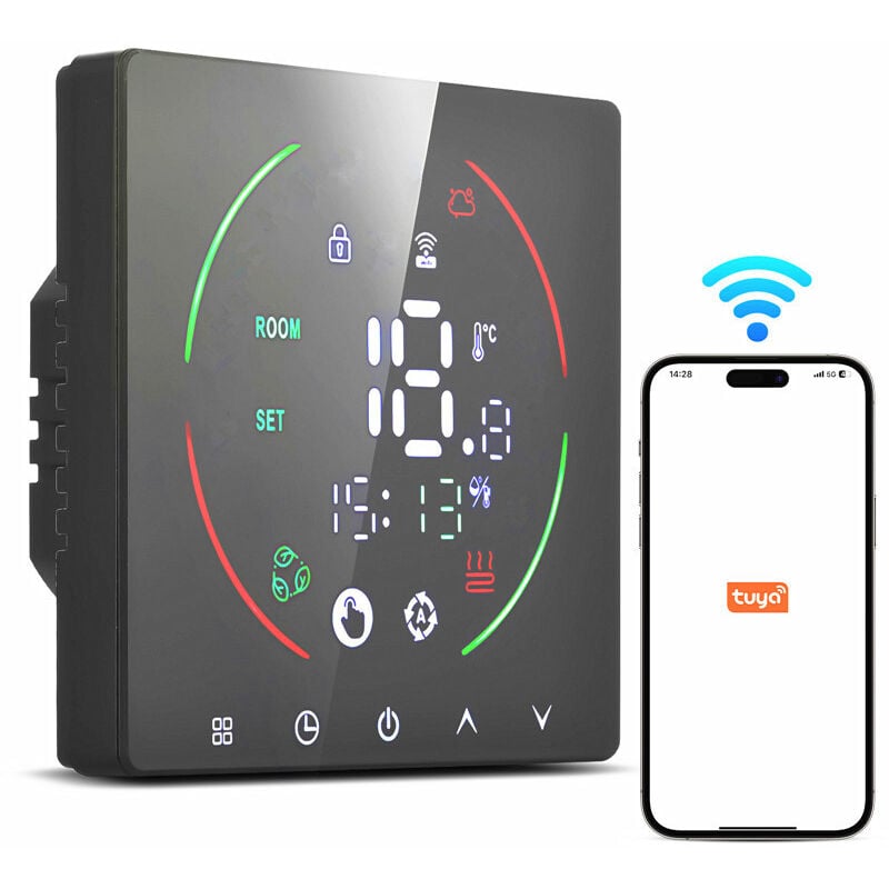 foto del prodotto termostato intelligente, termostato per riscaldamento a pavimento 16a, telecomando ac90 240v, impostazioni timer, display led ip20 programmabile per