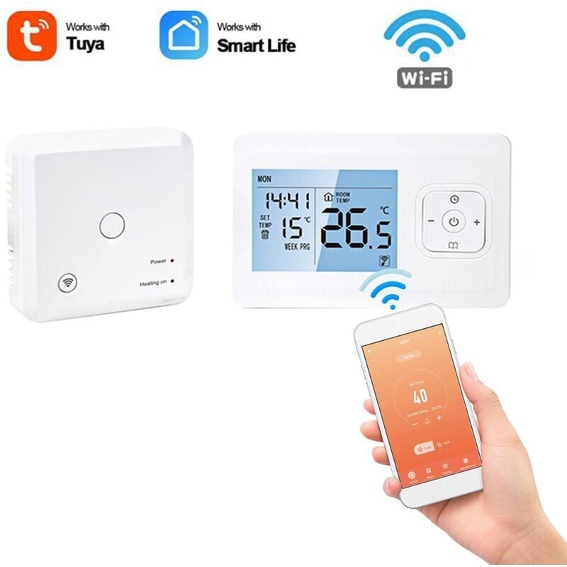 foto del prodotto termostato intelligente wi fi programmabile senza fili con ricevitore rf da tavolo, montaggio a parete, controllo vocale stile app