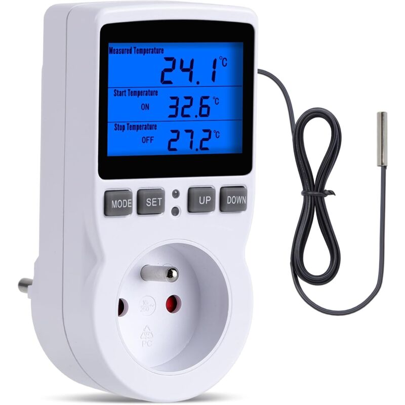 foto del prodotto termostato per terrario con schermo lcd e sonda, termostato digitale per riscaldamento e raffreddamento per serra, spina reptilesfr 