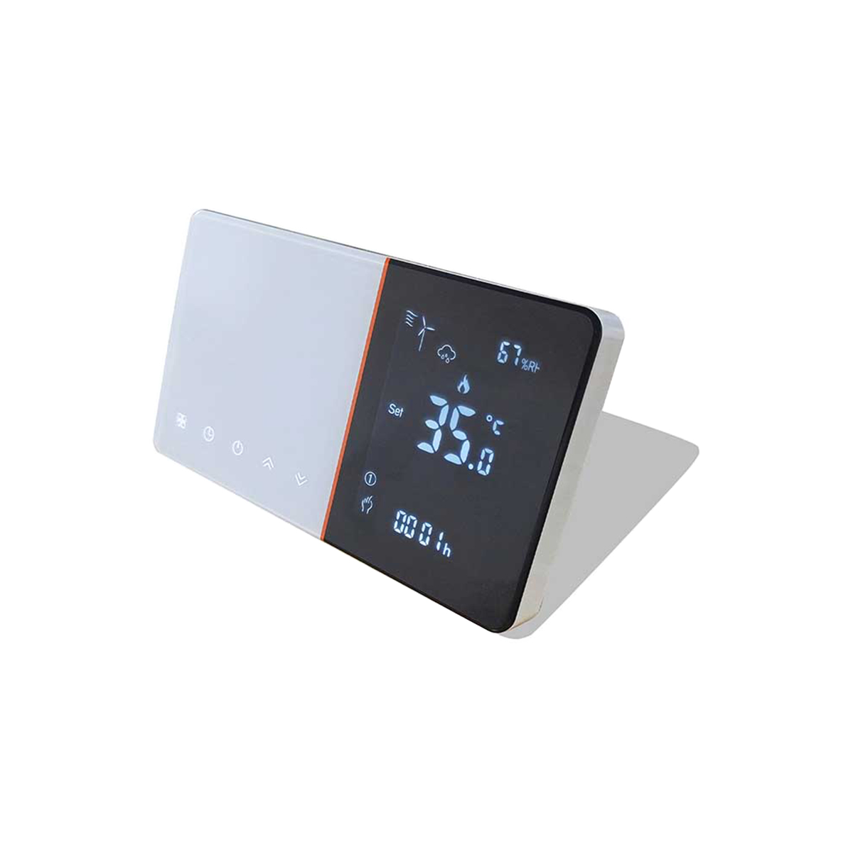 foto del prodotto termostato wifi con meteo protocollo wifi 2.4g tuya, smart life rettangolare compatibile con scatola 502 e 503 riscaldamento caldaia a gas bianco nero 5a 95-240v ip20