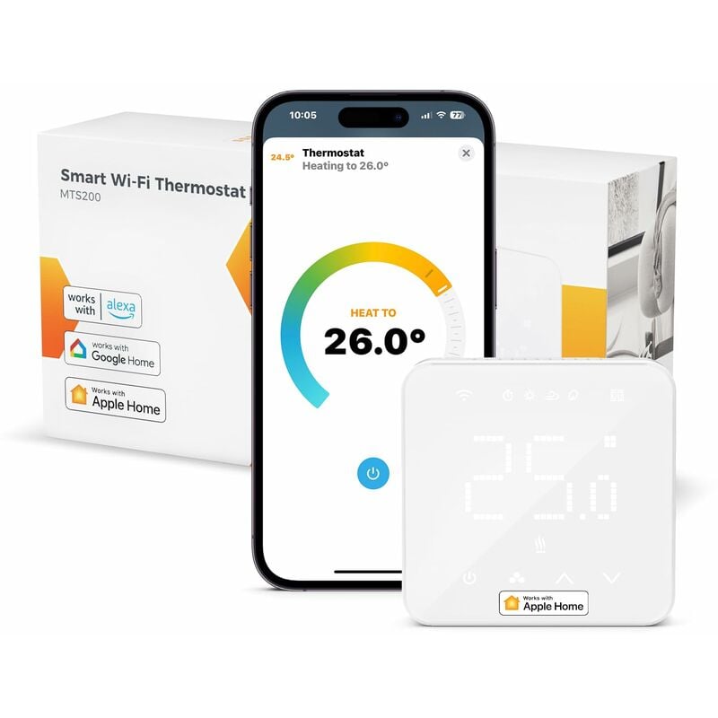 foto del prodotto termostato wifi intelligente, termostato caldaia, crono termostato digita, termostato da parete, compatibile con apple homekit, alexa e google