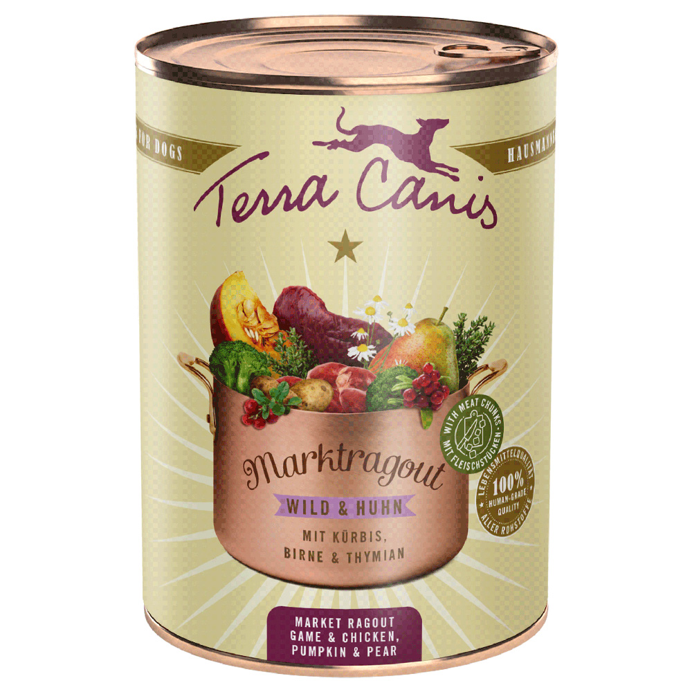 foto del prodotto terra canis spezzatino 6 x 385 g alimento umido per cane selvaggina e pollo con zucca, pere e timo