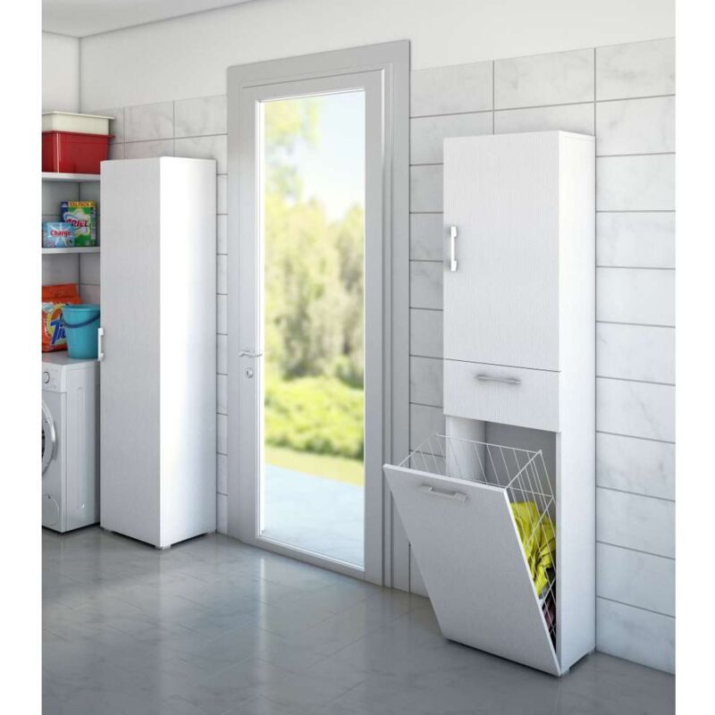 foto del prodotto terraneo mobile multiuso bianco con cestello porta biancheria 45x32x195