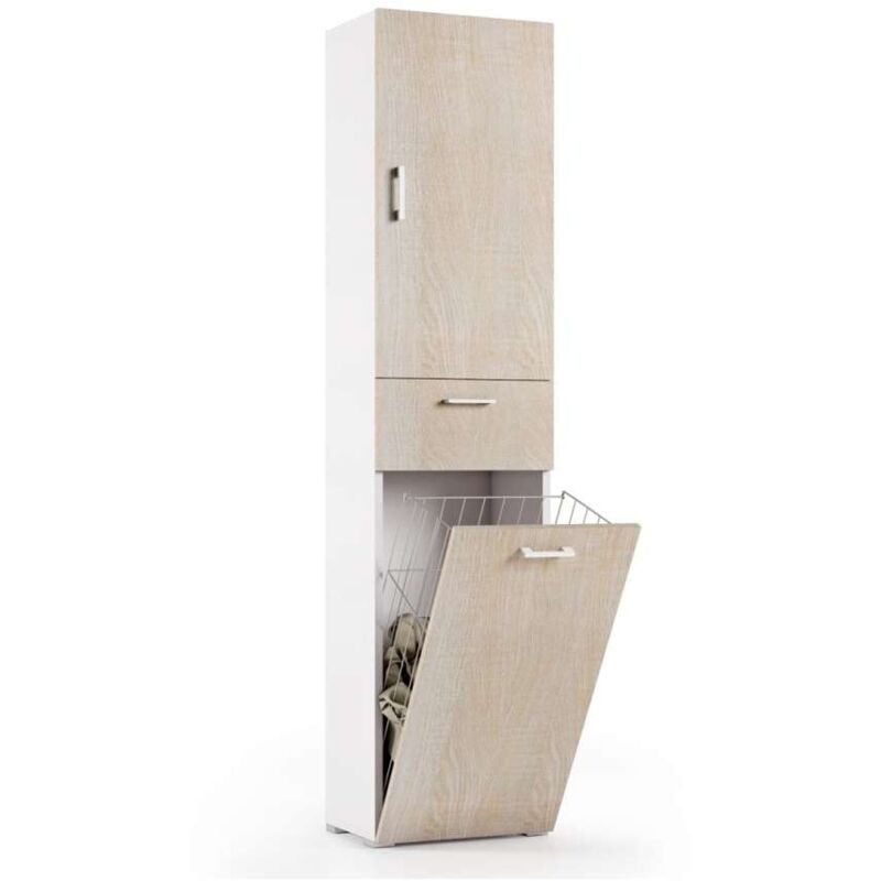 foto del prodotto terraneo - mobile multiuso con cestello porta biancheria bianco anta rovere