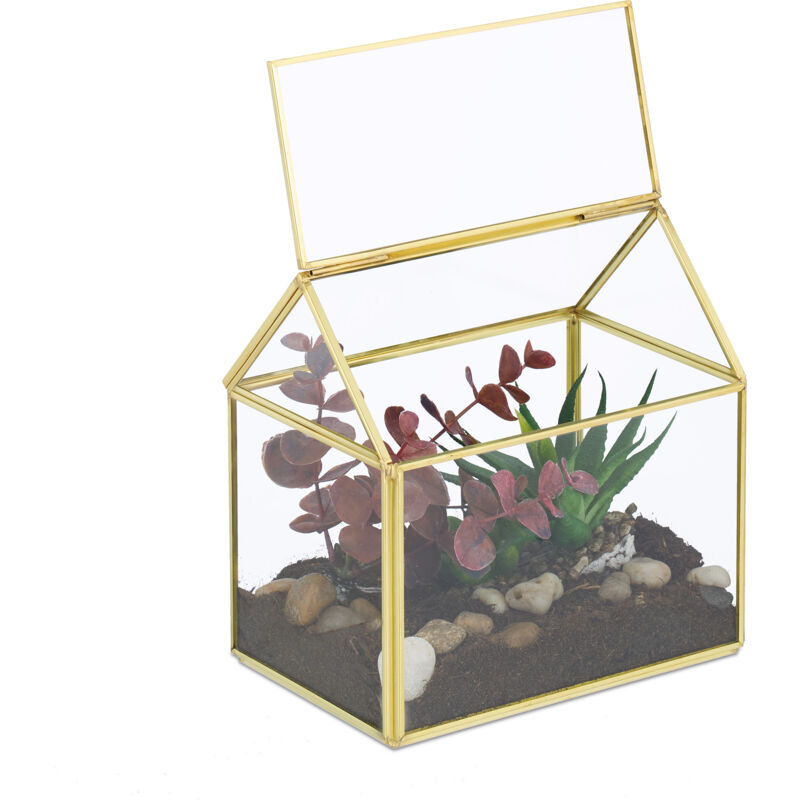 foto del prodotto terrario piante, mini serra in vetro e rame, hlp 15x15x10 cm, piantine grasse e muschi, vaso ecosistema, oro relaxdays