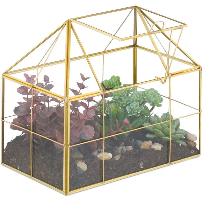 foto del prodotto terrario piante, mini serra in vetro e rame, hlp 21x23x14 cm, piantine grasse e muschi, vaso ecosistema, oro - relaxdays