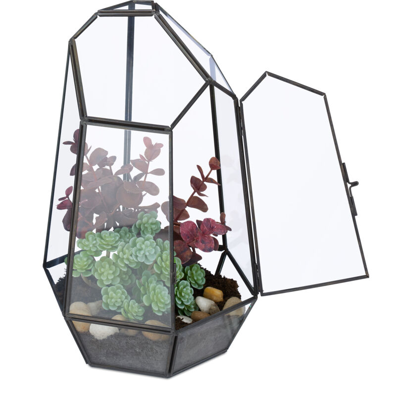foto del prodotto terrario piante, mini serra in vetro e rame, hlp 26x18x15 cm, piantine grasse e muschi, vaso ecosistema, nero - relaxdays