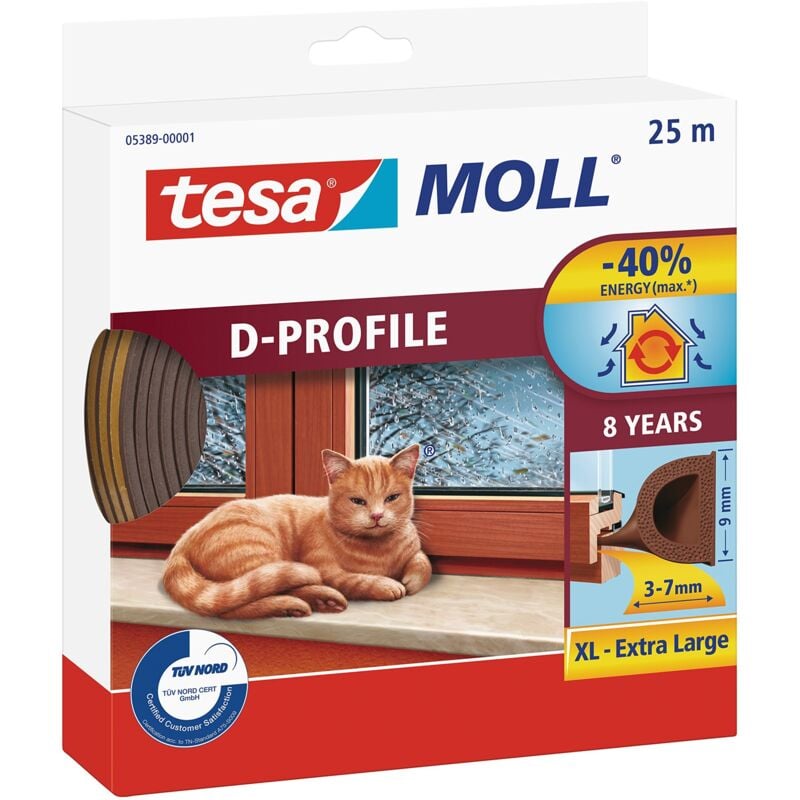 foto del prodotto tesa - 05389 00001 00 moll d-profile paraspifferi per porte e finestre, marrone, 25 m x 9 mm