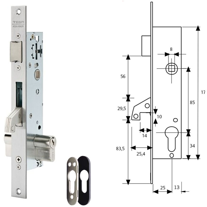 foto del prodotto tesa assa abloy 2240253ni serratura a punto singolo de leva a levetta per profili metallici ingresso in acciaio inox 25 mm 2240